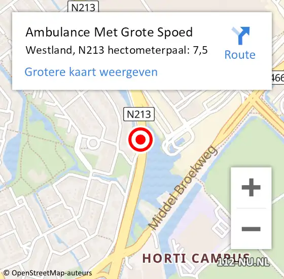 Locatie op kaart van de 112 melding: Ambulance Met Grote Spoed Naar Westland, N213 hectometerpaal: 7,5 op 24 juni 2023 18:19