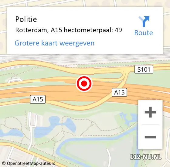 Locatie op kaart van de 112 melding: Politie Rotterdam, A15 hectometerpaal: 49 op 24 juni 2023 20:00