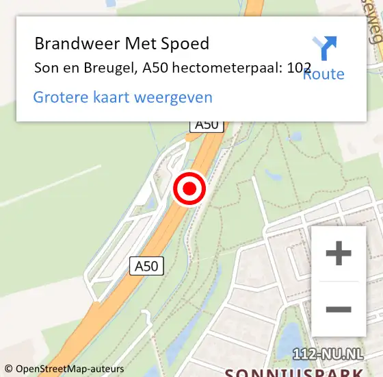 Locatie op kaart van de 112 melding: Brandweer Met Spoed Naar Son en Breugel, A50 hectometerpaal: 102 op 24 juni 2023 21:58