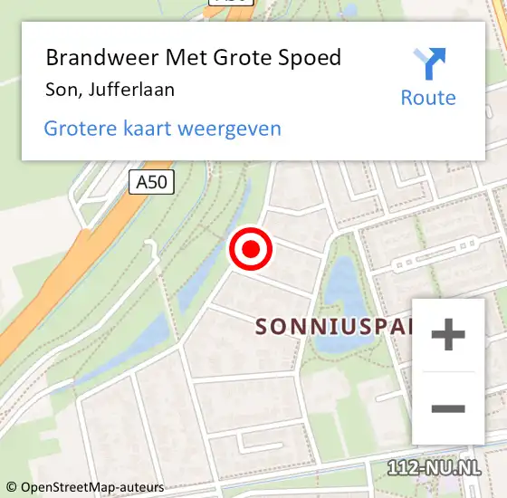 Locatie op kaart van de 112 melding: Brandweer Met Grote Spoed Naar Son, Jufferlaan op 24 juni 2023 22:10