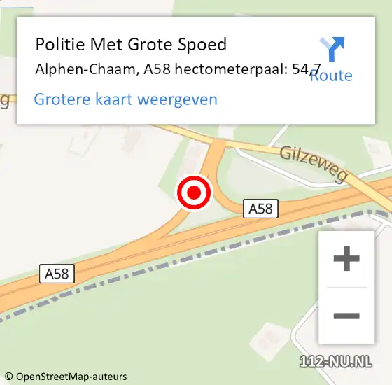 Locatie op kaart van de 112 melding: Politie Met Grote Spoed Naar Alphen-Chaam, A58 hectometerpaal: 54,7 op 25 juni 2023 00:36