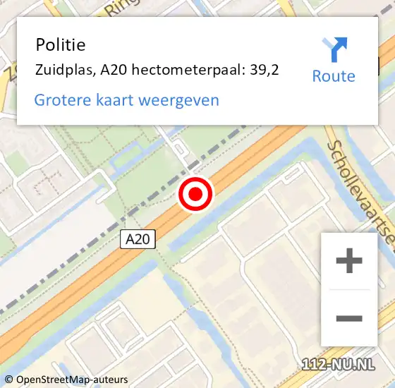 Locatie op kaart van de 112 melding: Politie Zuidplas, A20 hectometerpaal: 39,2 op 25 juni 2023 04:53