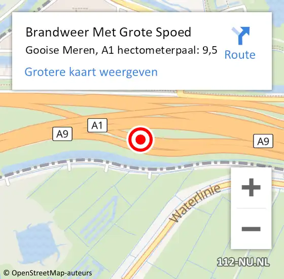 Locatie op kaart van de 112 melding: Brandweer Met Grote Spoed Naar Gooise Meren, A1 hectometerpaal: 9,5 op 25 juni 2023 13:15