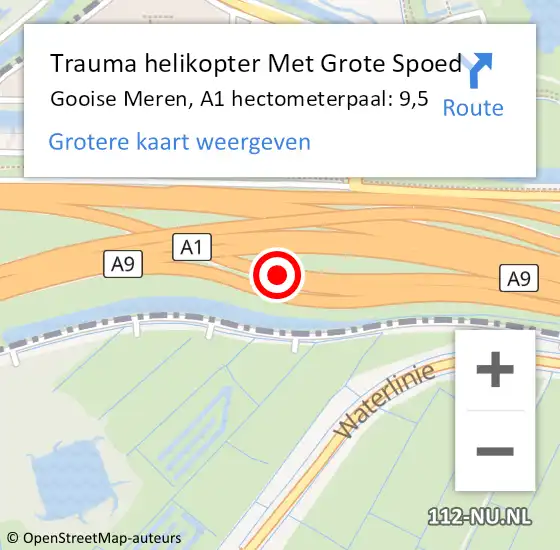 Locatie op kaart van de 112 melding: Trauma helikopter Met Grote Spoed Naar Gooise Meren, A1 hectometerpaal: 9,5 op 25 juni 2023 13:18