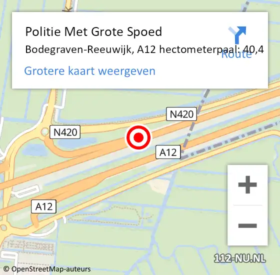 Locatie op kaart van de 112 melding: Politie Met Grote Spoed Naar Bodegraven-Reeuwijk, A12 hectometerpaal: 40,4 op 25 juni 2023 13:59