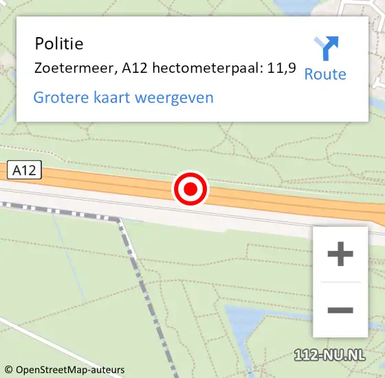 Locatie op kaart van de 112 melding: Politie Zoetermeer, A12 hectometerpaal: 11,9 op 25 juni 2023 14:05