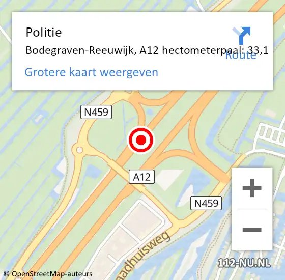 Locatie op kaart van de 112 melding: Politie Bodegraven-Reeuwijk, A12 hectometerpaal: 33,1 op 25 juni 2023 16:19