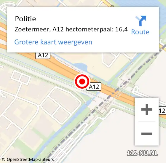 Locatie op kaart van de 112 melding: Politie Zoetermeer, A12 hectometerpaal: 16,4 op 25 juni 2023 16:42