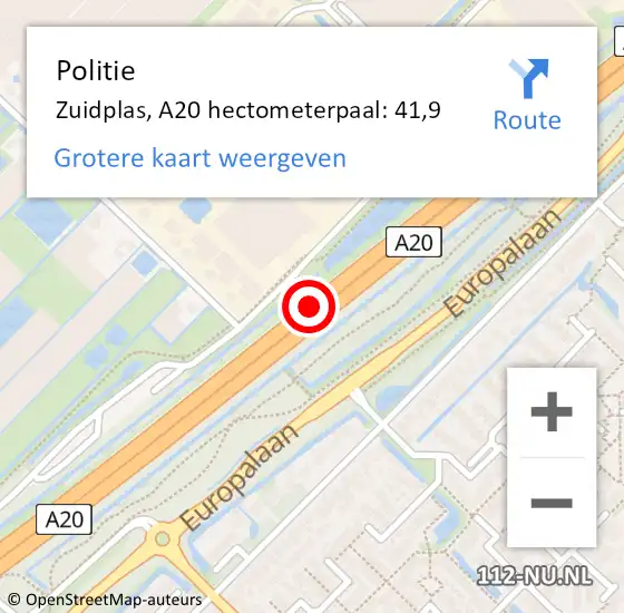 Locatie op kaart van de 112 melding: Politie Zuidplas, A20 hectometerpaal: 41,9 op 25 juni 2023 17:33