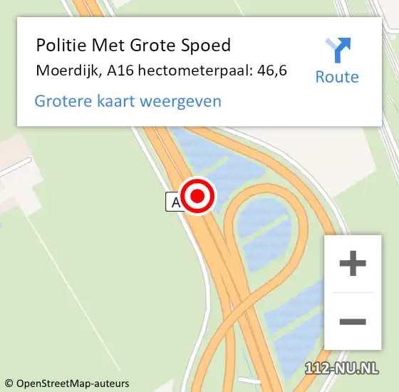 Locatie op kaart van de 112 melding: Politie Met Grote Spoed Naar Moerdijk, A16 hectometerpaal: 46,6 op 25 juni 2023 19:26