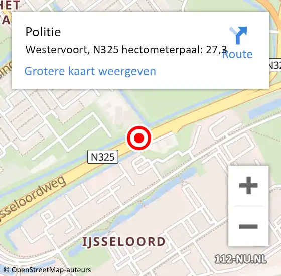 Locatie op kaart van de 112 melding: Politie Westervoort, N325 hectometerpaal: 27,3 op 25 juni 2023 21:39