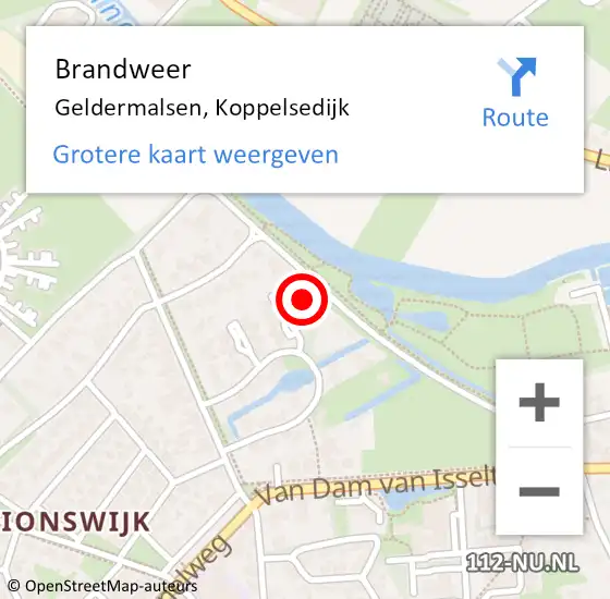 Locatie op kaart van de 112 melding: Brandweer Geldermalsen, Koppelsedijk op 25 juni 2023 22:15