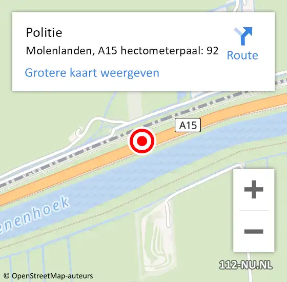 Locatie op kaart van de 112 melding: Politie Molenlanden, A15 hectometerpaal: 92 op 25 juni 2023 22:44