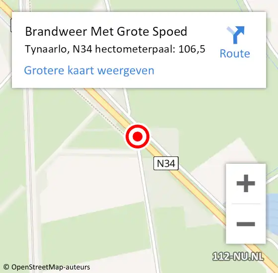 Locatie op kaart van de 112 melding: Brandweer Met Grote Spoed Naar Tynaarlo, N34 hectometerpaal: 106,5 op 26 juni 2023 01:03