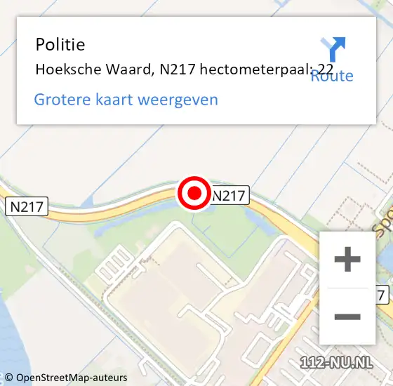 Locatie op kaart van de 112 melding: Politie Hoeksche Waard, N217 hectometerpaal: 22 op 26 juni 2023 05:19