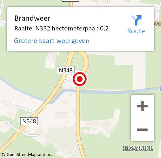 Locatie op kaart van de 112 melding: Brandweer Raalte, N332 hectometerpaal: 0,2 op 26 juni 2023 06:54