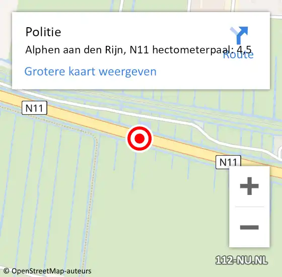 Locatie op kaart van de 112 melding: Politie Alphen aan den Rijn, N11 hectometerpaal: 4,5 op 26 juni 2023 07:25