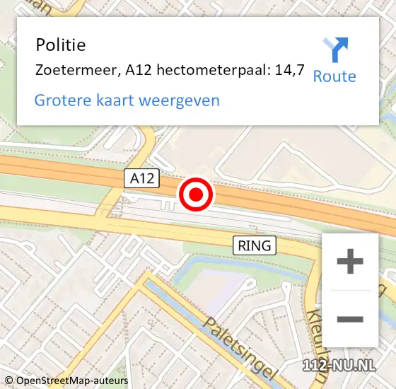 Locatie op kaart van de 112 melding: Politie Zoetermeer, A12 hectometerpaal: 14,7 op 26 juni 2023 08:56