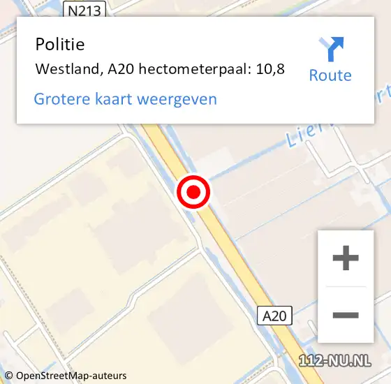 Locatie op kaart van de 112 melding: Politie Westland, A20 hectometerpaal: 10,8 op 26 juni 2023 09:58