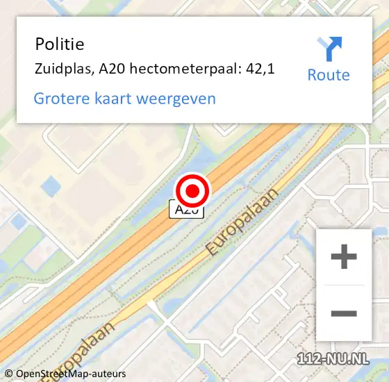 Locatie op kaart van de 112 melding: Politie Zuidplas, A20 hectometerpaal: 42,1 op 26 juni 2023 11:38