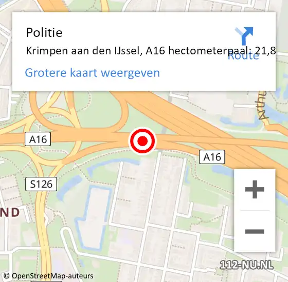 Locatie op kaart van de 112 melding: Politie Krimpen aan den IJssel, A16 hectometerpaal: 21,8 op 26 juni 2023 12:17