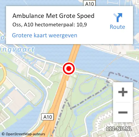 Locatie op kaart van de 112 melding: Ambulance Met Grote Spoed Naar Oss, A10 hectometerpaal: 10,9 op 26 juni 2023 13:16