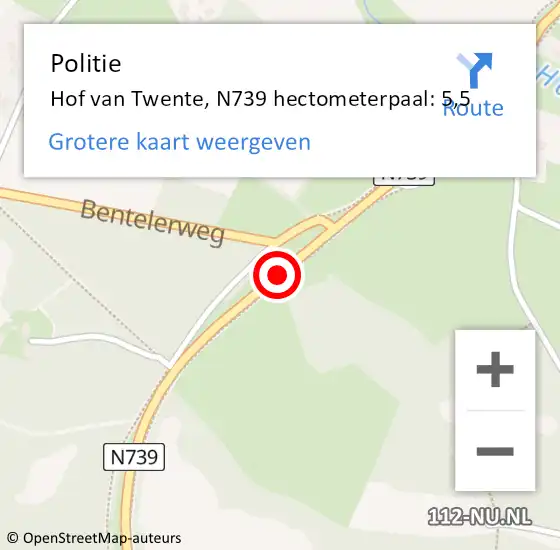 Locatie op kaart van de 112 melding: Politie Hof van Twente, N739 hectometerpaal: 5,5 op 26 juni 2023 16:07
