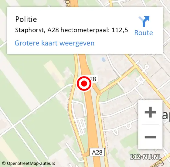 Locatie op kaart van de 112 melding: Politie Staphorst, A28 hectometerpaal: 112,5 op 26 juni 2023 16:28