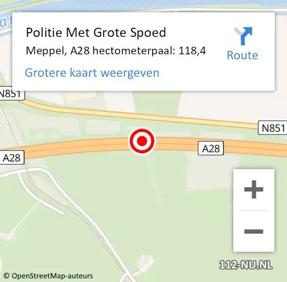 Locatie op kaart van de 112 melding: Politie Met Grote Spoed Naar Meppel, A28 hectometerpaal: 118,4 op 26 juni 2023 16:53