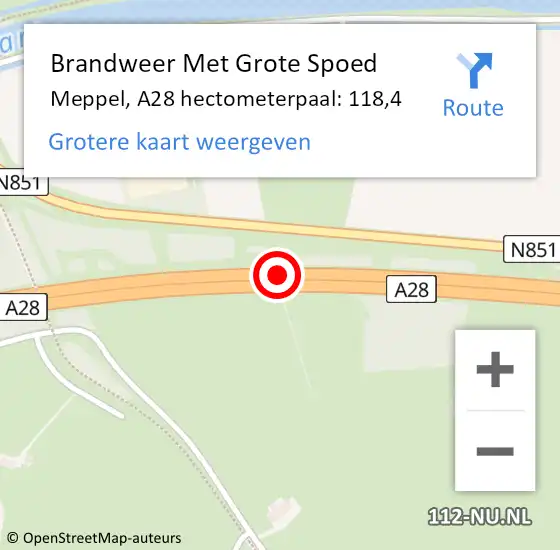 Locatie op kaart van de 112 melding: Brandweer Met Grote Spoed Naar Meppel, A28 hectometerpaal: 118,4 op 26 juni 2023 16:54