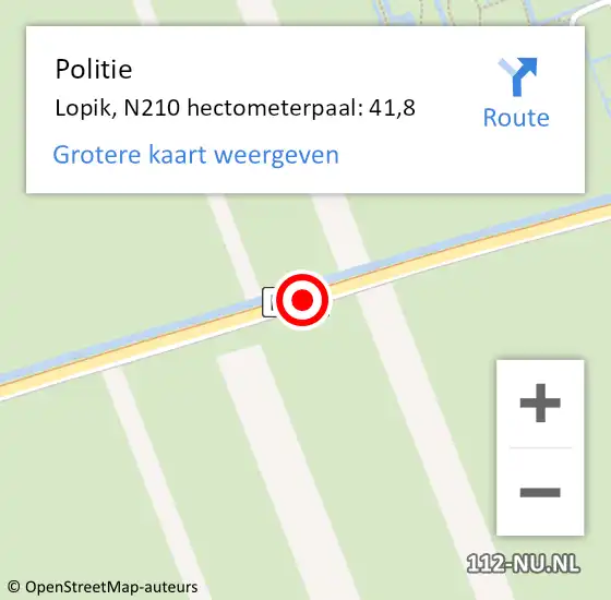 Locatie op kaart van de 112 melding: Politie Lopik, N210 hectometerpaal: 41,8 op 26 juni 2023 16:55