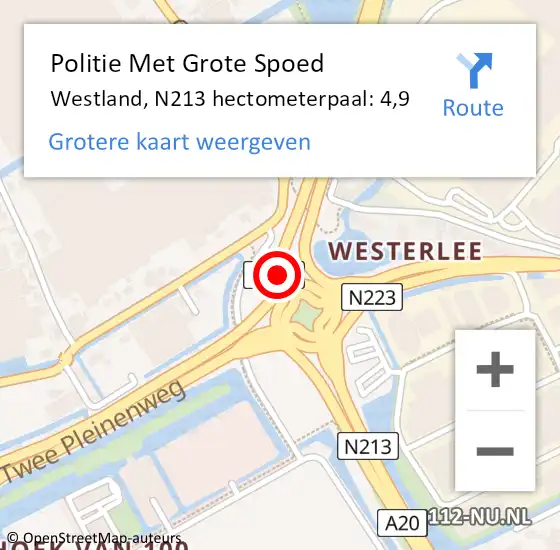 Locatie op kaart van de 112 melding: Politie Met Grote Spoed Naar Westland, N213 hectometerpaal: 4,9 op 26 juni 2023 17:33