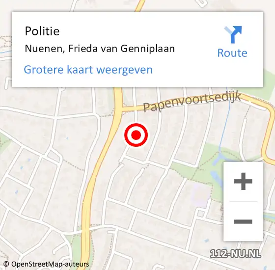 Locatie op kaart van de 112 melding: Politie Nuenen, Frieda van Genniplaan op 26 juni 2023 17:38