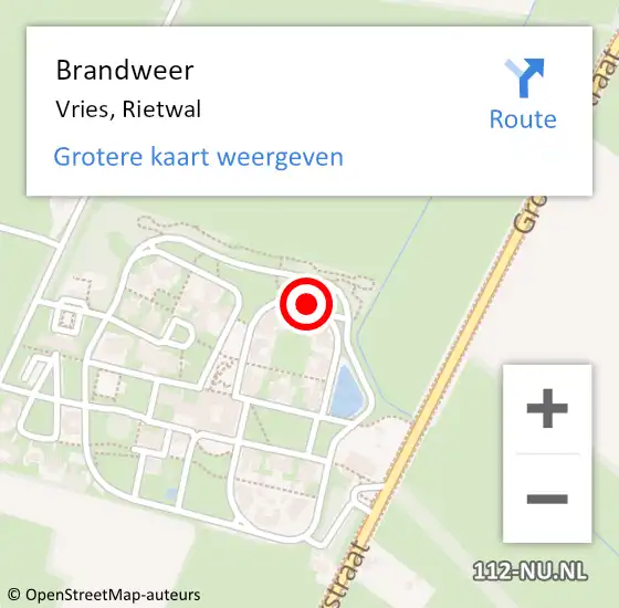 Locatie op kaart van de 112 melding: Brandweer Vries, Rietwal op 26 juni 2023 17:40