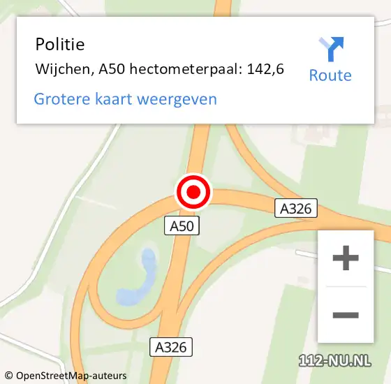 Locatie op kaart van de 112 melding: Politie Wijchen, A50 hectometerpaal: 142,6 op 26 juni 2023 17:48