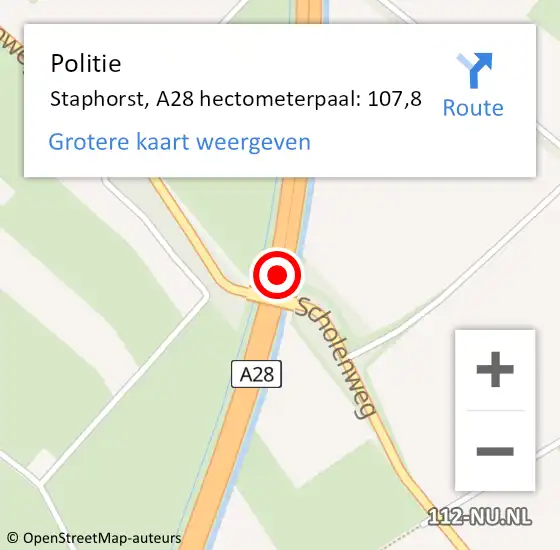 Locatie op kaart van de 112 melding: Politie Staphorst, A28 hectometerpaal: 107,8 op 26 juni 2023 17:51