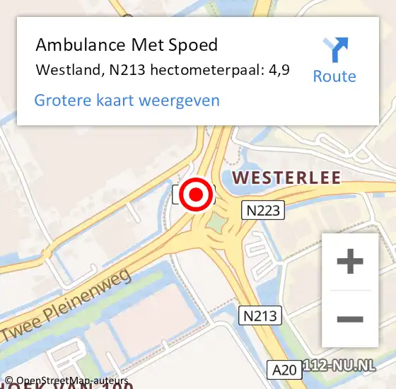 Locatie op kaart van de 112 melding: Ambulance Met Spoed Naar Westland, N213 hectometerpaal: 4,9 op 26 juni 2023 18:13