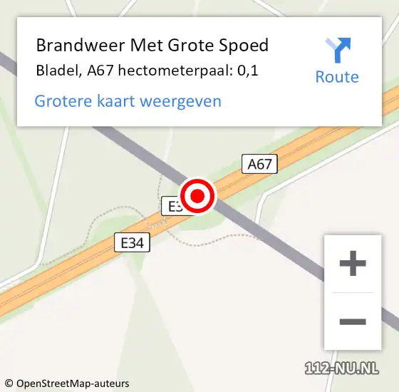 Locatie op kaart van de 112 melding: Brandweer Met Grote Spoed Naar Bladel, A67 hectometerpaal: 0,1 op 26 juni 2023 19:00