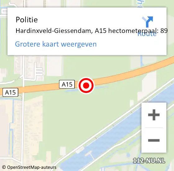 Locatie op kaart van de 112 melding: Politie Hardinxveld-Giessendam, A15 hectometerpaal: 89 op 26 juni 2023 19:31