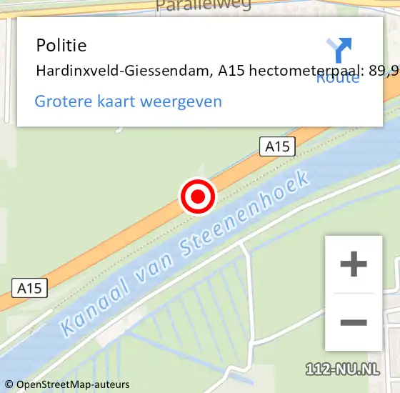 Locatie op kaart van de 112 melding: Politie Hardinxveld-Giessendam, A15 hectometerpaal: 89,9 op 26 juni 2023 19:49