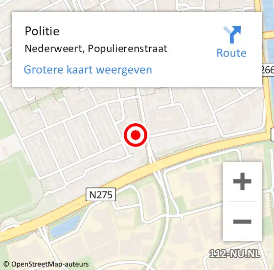 Locatie op kaart van de 112 melding: Politie Nederweert, Populierenstraat op 26 juni 2023 19:53