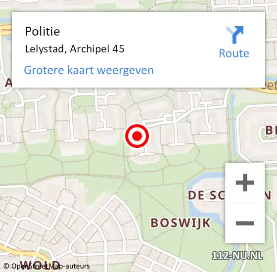 Locatie op kaart van de 112 melding: Politie Lelystad, Archipel 45 op 26 juni 2023 21:07