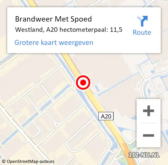 Locatie op kaart van de 112 melding: Brandweer Met Spoed Naar Westland, A20 hectometerpaal: 11,5 op 26 juni 2023 22:20