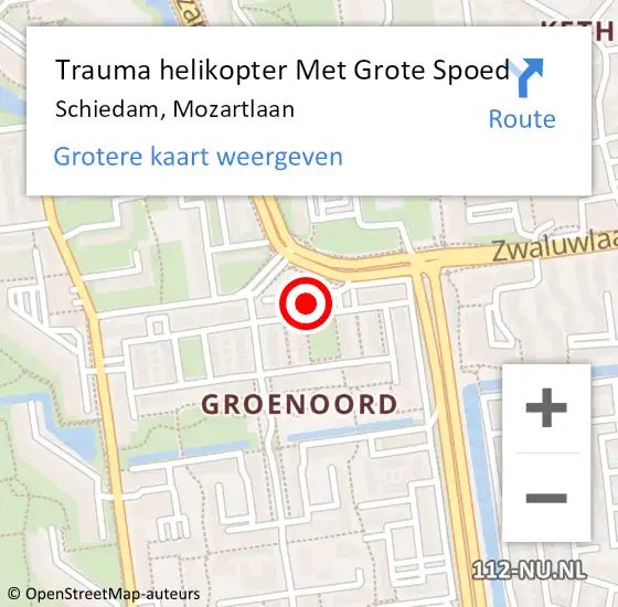 Locatie op kaart van de 112 melding: Trauma helikopter Met Grote Spoed Naar Schiedam, Mozartlaan op 26 juni 2023 22:49