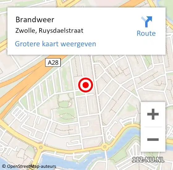 Locatie op kaart van de 112 melding: Brandweer Zwolle, Ruysdaelstraat op 26 juni 2023 22:50