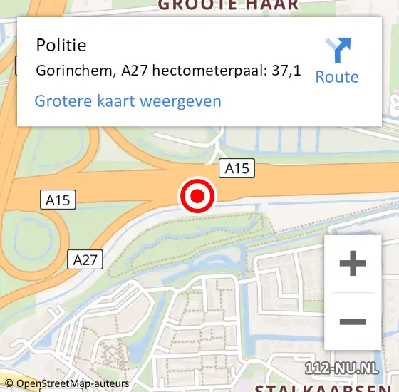 Locatie op kaart van de 112 melding: Politie Gorinchem, A27 hectometerpaal: 37,1 op 26 juni 2023 22:52