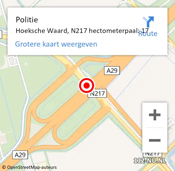 Locatie op kaart van de 112 melding: Politie Hoeksche Waard, N217 hectometerpaal: 17 op 27 juni 2023 07:19