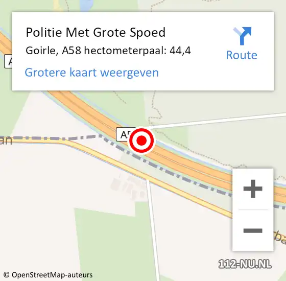 Locatie op kaart van de 112 melding: Politie Met Grote Spoed Naar Goirle, A58 hectometerpaal: 44,4 op 27 juni 2023 07:22