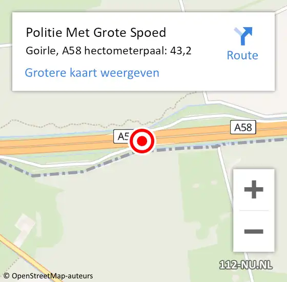 Locatie op kaart van de 112 melding: Politie Met Grote Spoed Naar Goirle, A58 hectometerpaal: 43,2 op 27 juni 2023 07:23