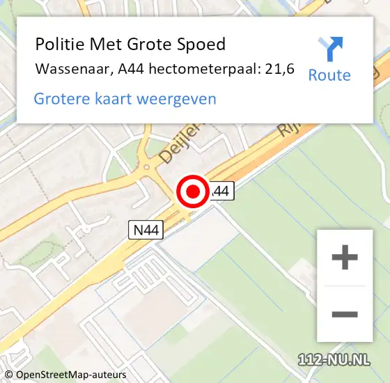 Locatie op kaart van de 112 melding: Politie Met Grote Spoed Naar Wassenaar, A44 hectometerpaal: 21,6 op 27 juni 2023 09:56